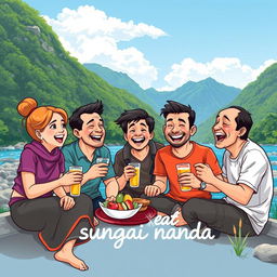 A vibrant and lively illustration featuring five people by a river, with one woman and four men enjoying food and drinks