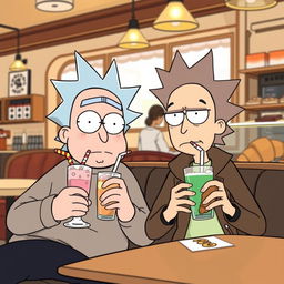 A chubby boy with stubble and glasses, sitting in a charming café shop, enjoying a strawberry shake and a flaky croissant