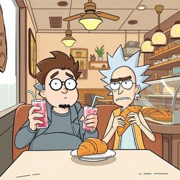A chubby boy with stubble and glasses, sitting in a charming café shop, enjoying a strawberry shake and a flaky croissant