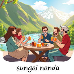 A vibrant and charming illustration featuring five individuals — one woman and four men — enjoying a light meal and drinks at the riverside of a magnificent mountain landscape