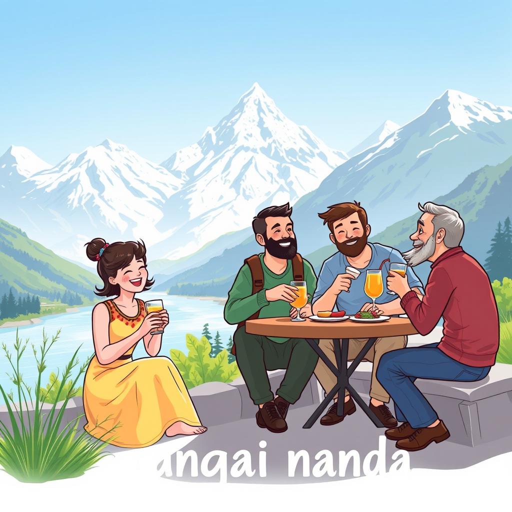 A vibrant and charming illustration featuring five individuals — one woman and four men — enjoying a light meal and drinks at the riverside of a magnificent mountain landscape