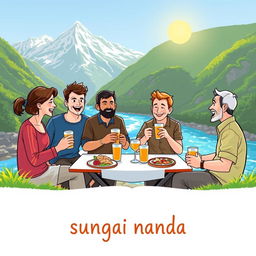 A vibrant and charming illustration featuring five individuals — one woman and four men — enjoying a light meal and drinks at the riverside of a magnificent mountain landscape