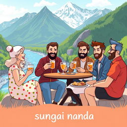 A vibrant and charming illustration featuring five individuals — one woman and four men — enjoying a light meal and drinks at the riverside of a magnificent mountain landscape