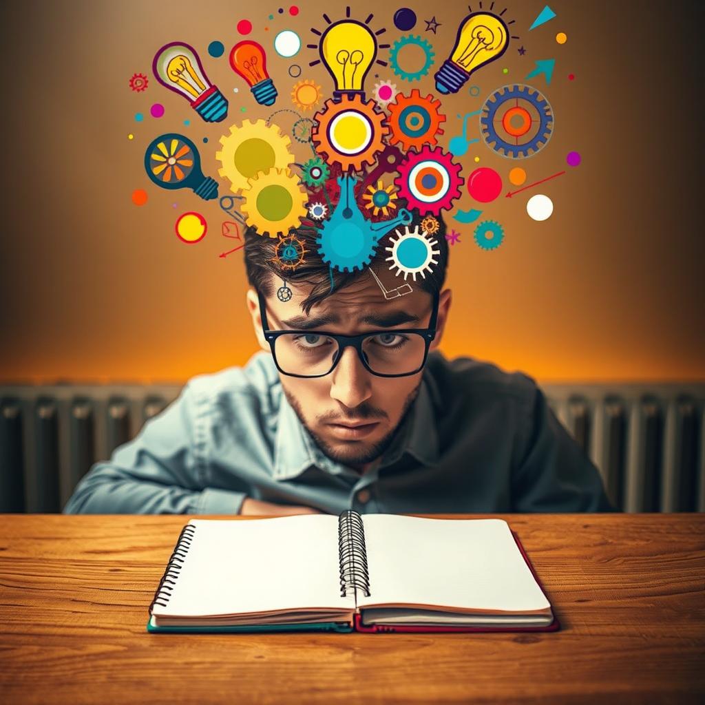 A person with a head full of colorful ideas, visually represented with vibrant light bulbs, gears, and abstract designs floating around their head, but their expression is one of frustration as they gaze at a completely blank notebook on a wooden desk