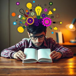 A person with a head full of colorful ideas, visually represented with vibrant light bulbs, gears, and abstract designs floating around their head, but their expression is one of frustration as they gaze at a completely blank notebook on a wooden desk