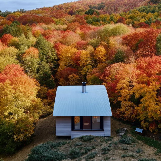 Generate an image of a cozy cabin nestled in the woods during the fall season