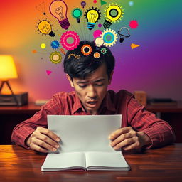 A person with a head full of colorful ideas, visually represented with vibrant light bulbs, gears, and abstract designs floating around their head, but their expression is one of frustration as they gaze at a completely blank notebook on a wooden desk