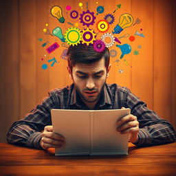 A person with a head full of colorful ideas, visually represented with vibrant light bulbs, gears, and abstract designs floating around their head, but their expression is one of frustration as they gaze at a completely blank notebook on a wooden desk