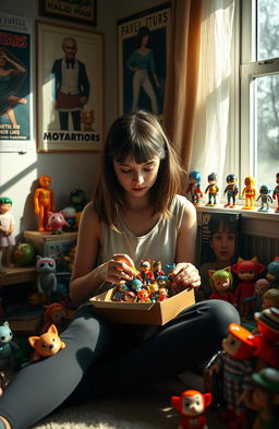 A solitary and introspective girl surrounded by her pop art and designer toys collection