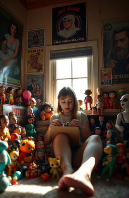 A solitary and introspective girl surrounded by her pop art and designer toys collection