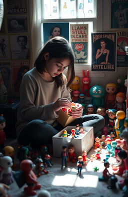 A solitary and introspective girl surrounded by her pop art and designer toys collection