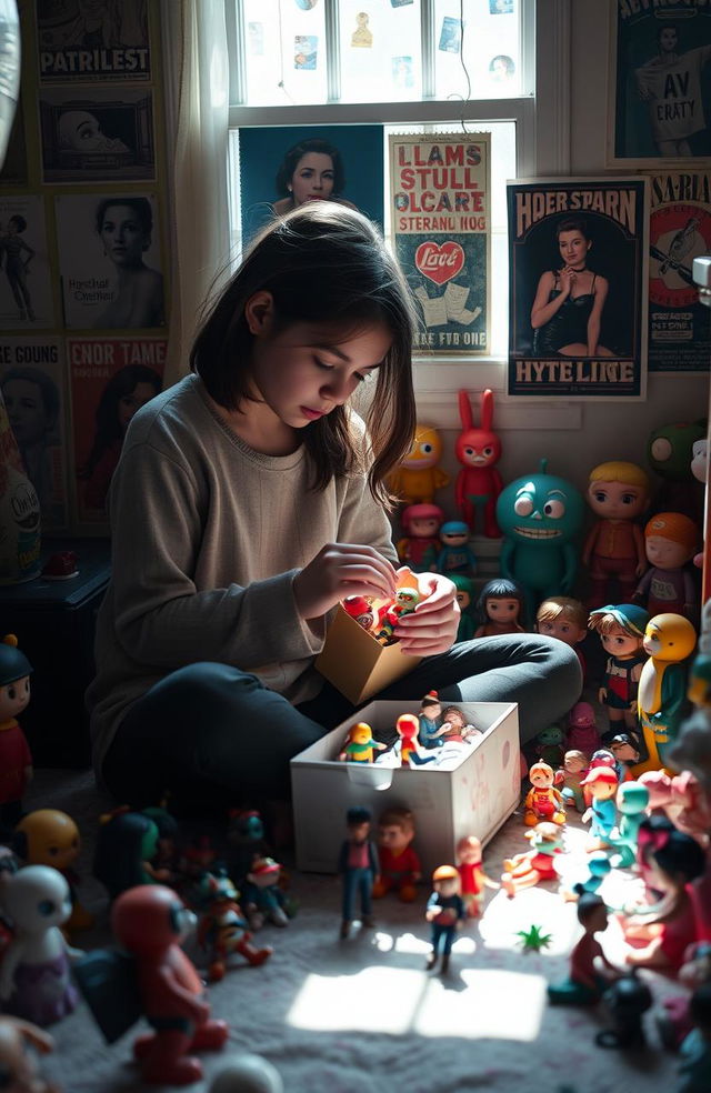 A solitary and introspective girl surrounded by her pop art and designer toys collection