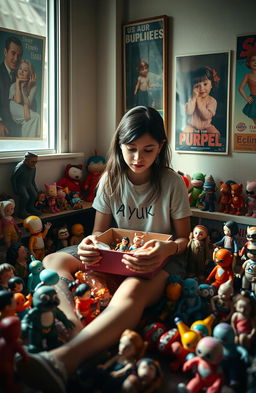 A solitary and introspective girl surrounded by her pop art and designer toys collection