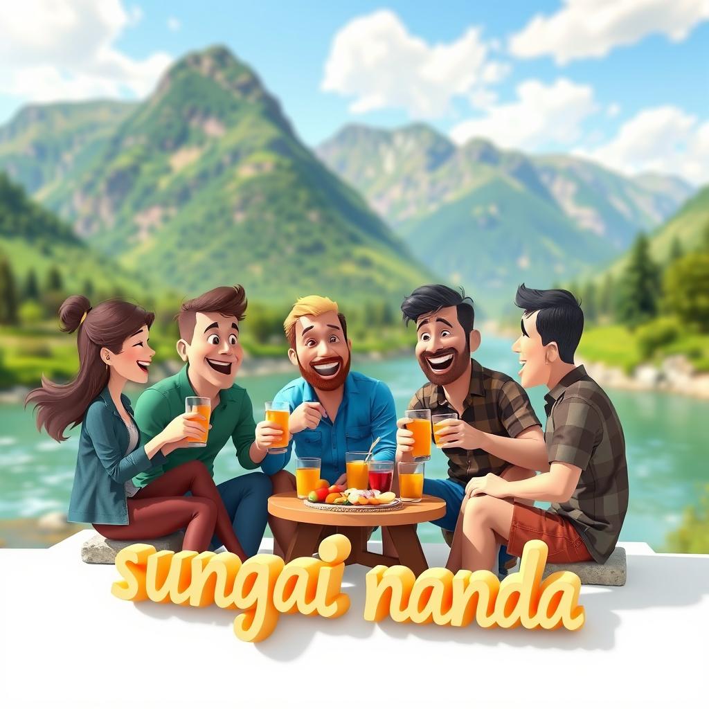 A vibrant and engaging 3D illustration featuring five people, one woman and four men, enjoying a light meal and drinks by the riverbank amidst beautiful and lush mountains