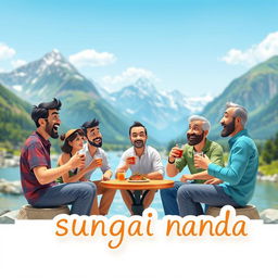 A vibrant and engaging 3D illustration featuring five people, one woman and four men, enjoying a light meal and drinks by the riverbank amidst beautiful and lush mountains