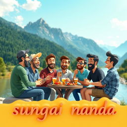 A vibrant and engaging 3D illustration featuring five people, one woman and four men, enjoying a light meal and drinks by the riverbank amidst beautiful and lush mountains