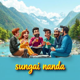 A vibrant and engaging 3D illustration featuring five people, one woman and four men, enjoying a light meal and drinks by the riverbank amidst beautiful and lush mountains