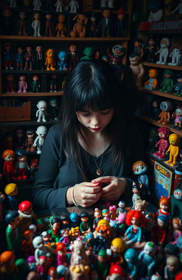 A solitary and introspective girl deeply immersed in her collection of pop art designer toys, surrounded by colorful figurines that reflect her vibrant yet pensive personality