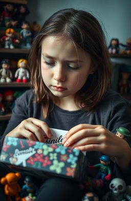 A solitary and introspective girl deeply immersed in her collection of pop art designer toys, surrounded by colorful figurines that reflect her vibrant yet pensive personality