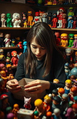 A solitary and introspective girl deeply immersed in her collection of pop art designer toys, surrounded by colorful figurines that reflect her vibrant yet pensive personality