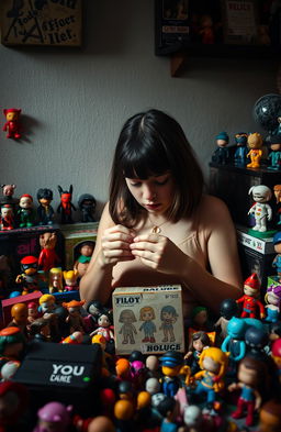 A solitary and introspective girl deeply immersed in her collection of pop art designer toys, surrounded by colorful figurines that reflect her vibrant yet pensive personality