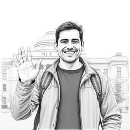 A detailed pencil drawing of a man standing in the middle of the Massachusetts Institute of Technology (MIT) campus