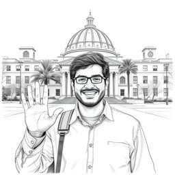 A detailed pencil drawing of a man standing in the middle of the Massachusetts Institute of Technology (MIT) campus