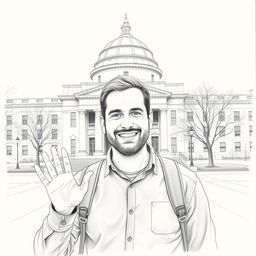A detailed pencil drawing of a man standing in the middle of the Massachusetts Institute of Technology (MIT) campus