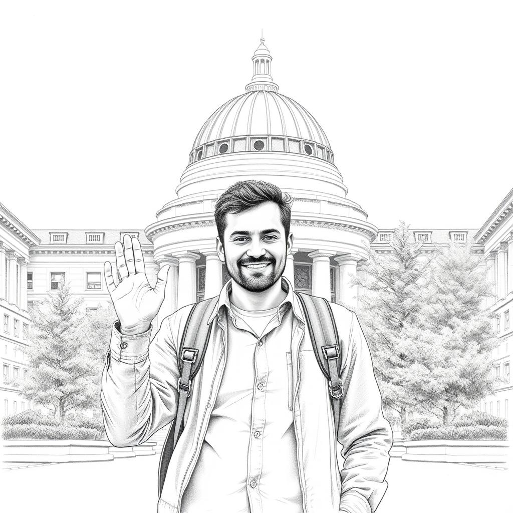A detailed pencil drawing of a man standing in the middle of the Massachusetts Institute of Technology (MIT) campus