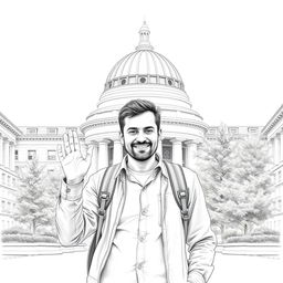 A detailed pencil drawing of a man standing in the middle of the Massachusetts Institute of Technology (MIT) campus