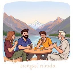 An illustration depicting five people, one woman and four men, casually eating and drinking by a beautiful river surrounded by magnificent mountains