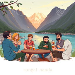 An illustration depicting five people, one woman and four men, casually eating and drinking by a beautiful river surrounded by magnificent mountains
