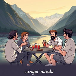 An illustration depicting five people, one woman and four men, casually eating and drinking by a beautiful river surrounded by magnificent mountains