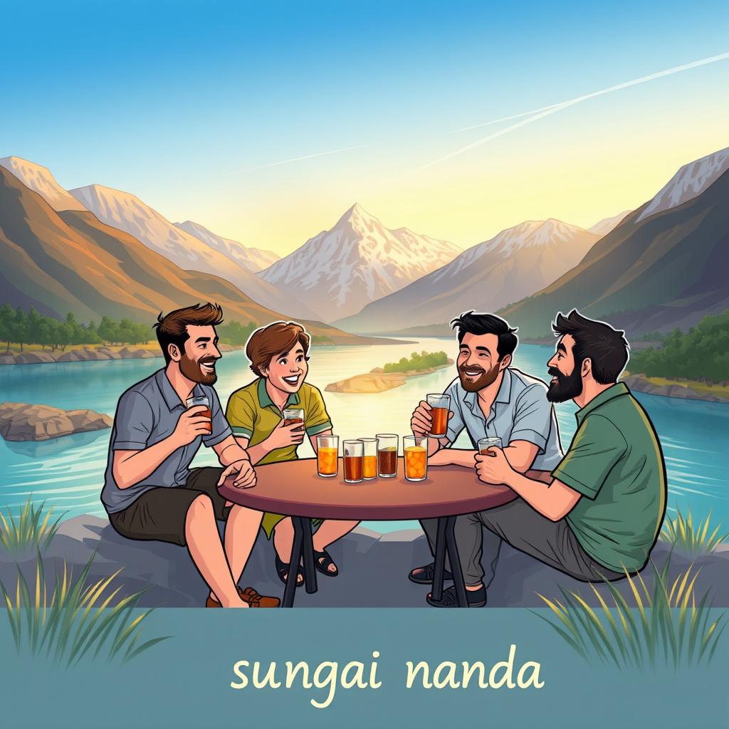 An illustration depicting five people, one woman and four men, casually eating and drinking by a beautiful river surrounded by magnificent mountains