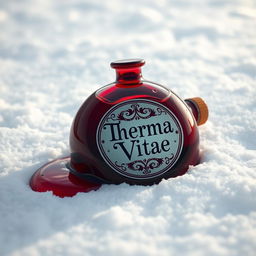 A round, vibrant red potion bottle with a beautifully designed label that reads 'Therma Vitae', lying on pristine white snow
