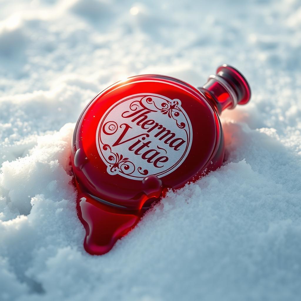 A round, vibrant red potion bottle with a beautifully designed label that reads 'Therma Vitae', lying on pristine white snow