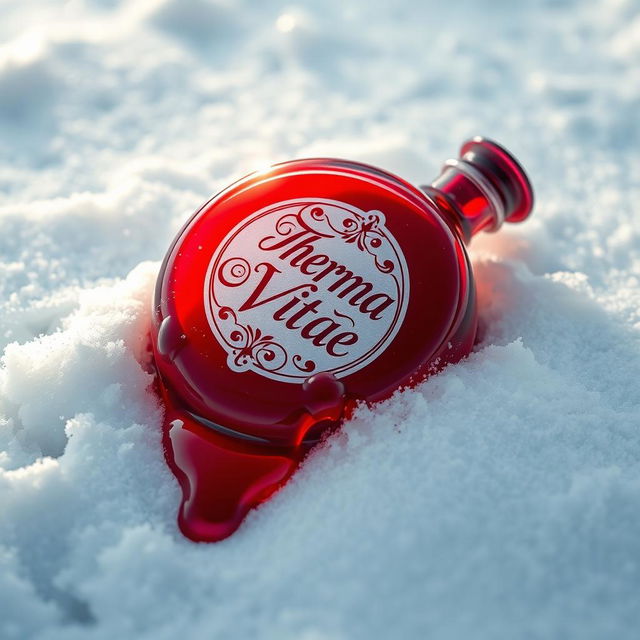 A round, vibrant red potion bottle with a beautifully designed label that reads 'Therma Vitae', lying on pristine white snow