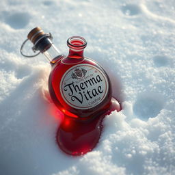 A round, vibrant red potion bottle with a beautifully designed label that reads 'Therma Vitae', lying on pristine white snow