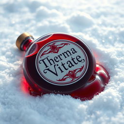A round, vibrant red potion bottle with a beautifully designed label that reads 'Therma Vitae', lying on pristine white snow
