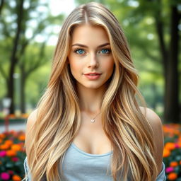 A beautiful 22-year-old woman with long, flowing blonde hair cascading down her shoulders
