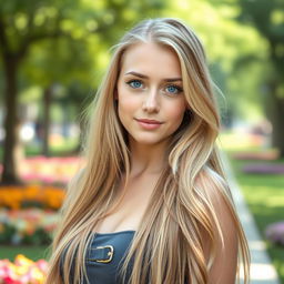 A beautiful 22-year-old woman with long, flowing blonde hair cascading down her shoulders