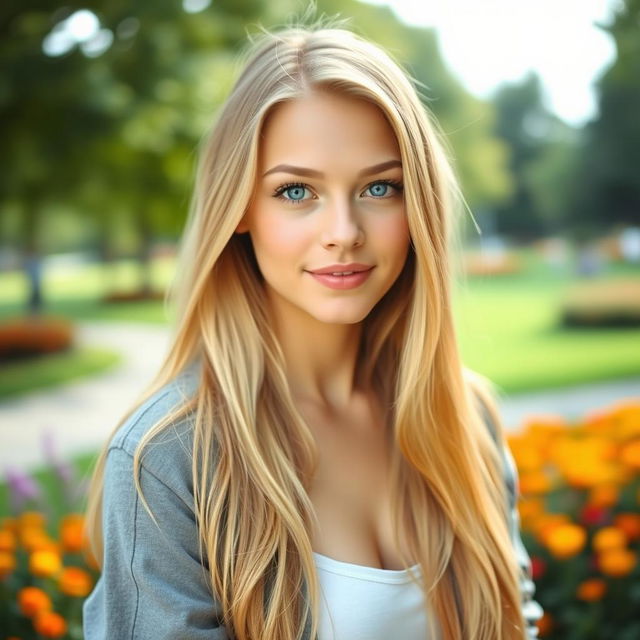 A beautiful 22-year-old woman with long, flowing blonde hair cascading down her shoulders