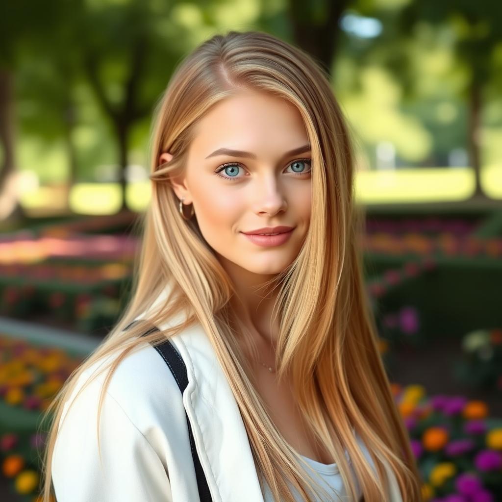 A beautiful 22-year-old woman with long, flowing blonde hair cascading down her shoulders