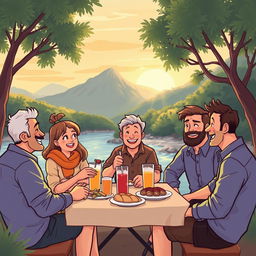 A charming illustration featuring 5 people enjoying a light meal by the river: 1 woman and 4 men, engaged in a lively and humorous conversation