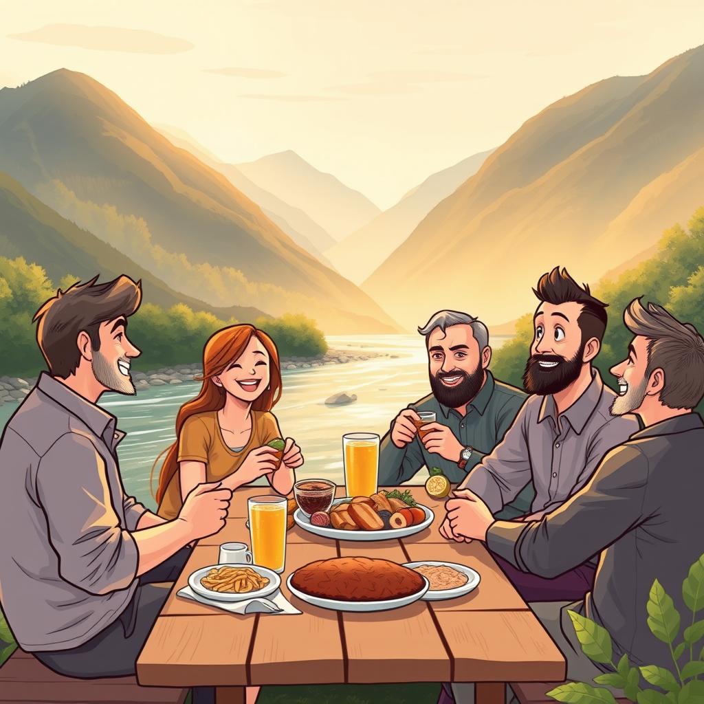 A charming illustration featuring 5 people enjoying a light meal by the river: 1 woman and 4 men, engaged in a lively and humorous conversation