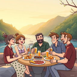 A charming illustration featuring 5 people enjoying a light meal by the river: 1 woman and 4 men, engaged in a lively and humorous conversation