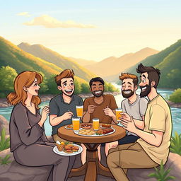 A charming illustration featuring 5 people enjoying a light meal by the river: 1 woman and 4 men, engaged in a lively and humorous conversation