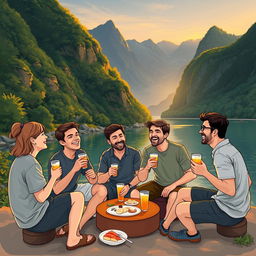 Five people, one woman and four men, casually enjoying instant snacks and beverages by a picturesque riverbank surrounded by lush, magnificent mountains