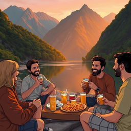 Five people, one woman and four men, casually enjoying instant snacks and beverages by a picturesque riverbank surrounded by lush, magnificent mountains
