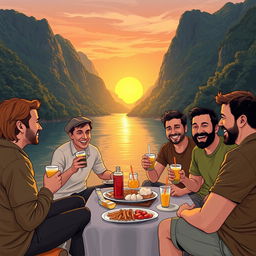 Five people, one woman and four men, casually enjoying instant snacks and beverages by a picturesque riverbank surrounded by lush, magnificent mountains